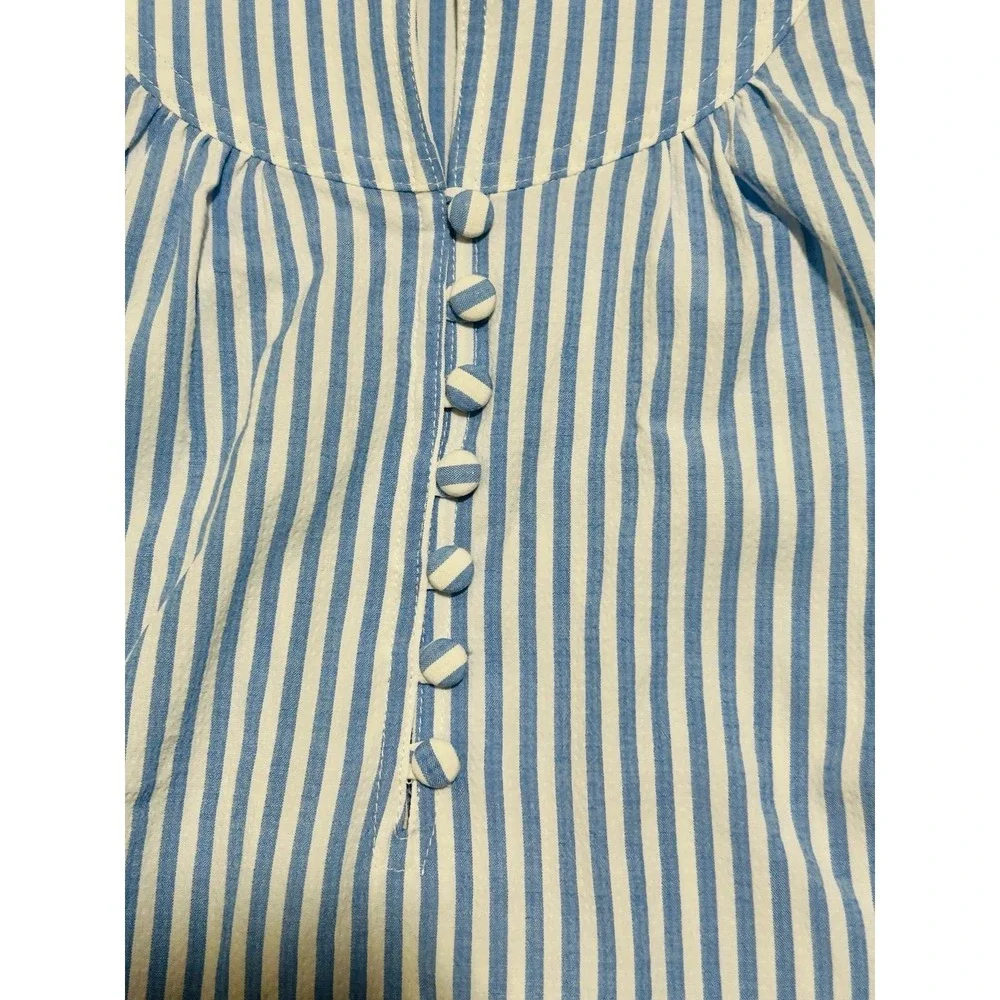 Pomander Place Selena Blouse Blue White Stripe Seersucker Puff Sleeve Top S NWOT